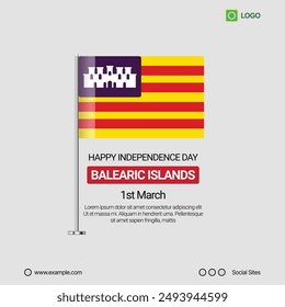 Balearic Islands Independence Day Social Media Banner, Editable Vector Design with Flag