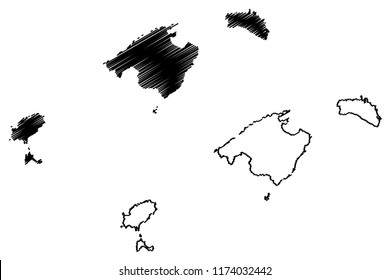 Balearic Islands (Kingdom of Spain, Autonomous community) map vector illustration, scribble sketch  Mallorca, Menorca, Ibiza and Formentera map