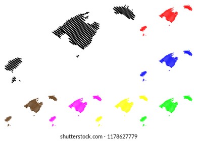 Balearic Islands (Kingdom of Spain, Autonomous community) map vector illustration, scribble sketch  Mallorca, Menorca, Ibiza and Formentera map