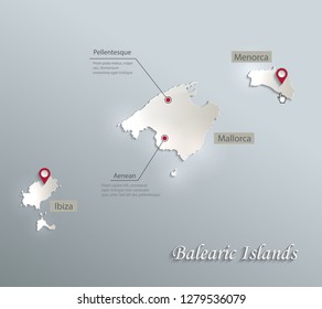 Balearic Islands, Mallorca, Menorca, Ibiza map blue white card paper 3D vector