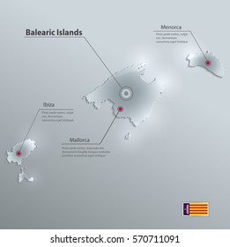 Balearic Islands, Mallorca, Menorca, Ibiza  map flag glass card paper 3D vector