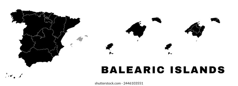 Balearic Islands map, autonomous community in Spain. Spanish administrative division, regions, boroughs and municipalities.