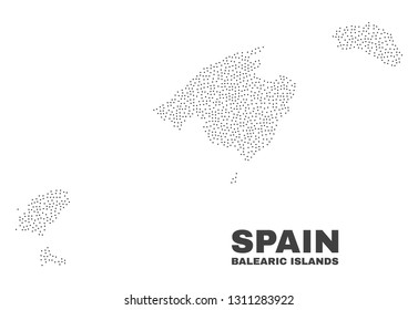 Balearic Islands map designed with tiny dots. Vector abstraction in black color is isolated on a white background. Random small dots are organized into Balearic Islands map.