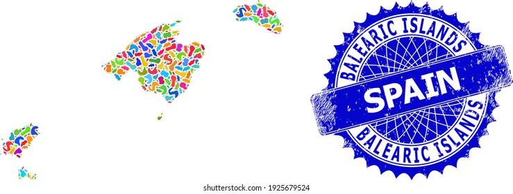 Balearic Islands map flat illustration. Splash mosaic map and grunge stamp for Balearic Islands. Sharp rosette blue stamp seal with caption and Balearic Islands map.