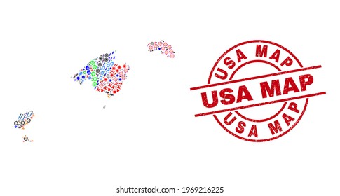 Balearic Islands map mosaic and USA Map red round stamp seal. USA Map stamp uses vector lines and arcs. Balearic Islands map mosaic includes gears, houses, showers, suns, hands, and more icons.