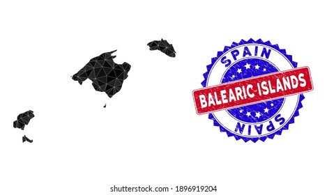 Balearic Islands map polygonal mesh with filled triangles, and rough bicolor stamp seal. Triangle mosaic Balearic Islands map with mesh vector model, triangles have various sizes, and positions,