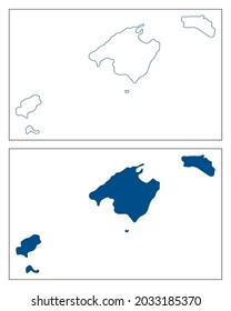 Balearic Islands map vector. Autonomous communities of Spain. High detailed vector outline and blue silhouette of Balearic Islands. All isolated on white background. Template for website, design