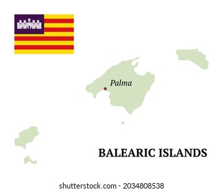 Balearic Islands map vector. Autonomous communities of Spain. Flag, capital cities and silhouette of Balearic Islands. All isolated on white background. Vector illustration