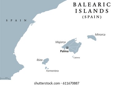 Balearic Islands political map with capital Palma. Majorca, Minorca, Ibiza, Formentera. Spain autonomous community in Mediterranean Sea. Gray illustration on white background. English labeling. Vector