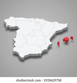 Balearic Islands region location within Spain 3d isometric map