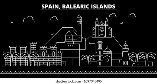 Balearic Islands silhouette skyline. Spain - Balearic Islands vector city, spanish linear architecture. Balearic Islands travel illustration, outline landmarks. Spain flat icon, spanish line banner