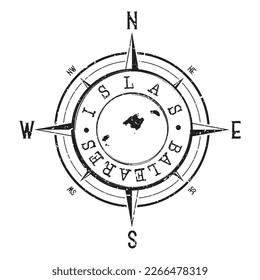 Balearic Islands, Spain Stamp Map Compass Adventure. Illustration Travel Country Symbol. Seal Expedition Wind Rose Icon.