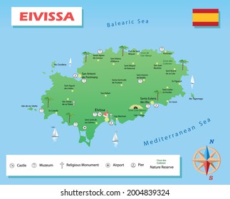 Balearic islands (Spain). Tourist map of Eivissa island. Vector art illustration