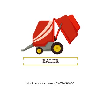 Baler agricultural device for compression of hay. Isolated icon vector and text device for squeezing and tighten, agriculture and farming machinery