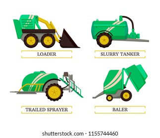 Baler and slurry tanker, loader and trailed sprayer agricultural machinery isolated icons set vector. Farming devices and machines auto mechanisms