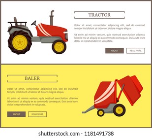 Baler and tractor machines posters. Vehicle for driving and transporting things, agricultural machinery. Mechanized working on farm , farming vector