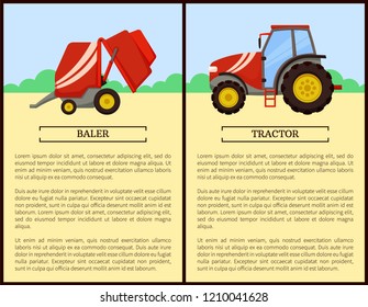 Baler and tractor machines posters. Vehicle for driving and transporting things, agricultural machinery. Mechanized working on farm, farming auto vector