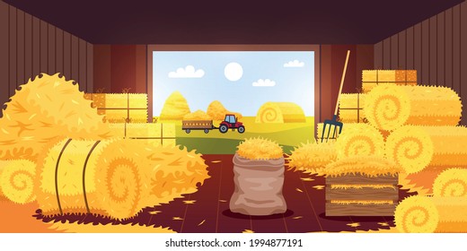 Bales hay barn composition with inside view of barn with open door with haymow and pitchfork vector illustration