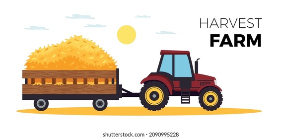 Bales hay horizontal banner with editable text and images of agrimitor truck with sun and clouds vector illustration