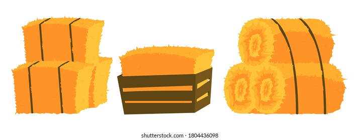 Bales of hay of icons on white background. Farming agricultural set with dry hay bale straw. Set of bales yellow agricultural stacks from hay. Vector illustration