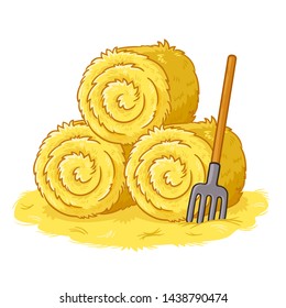 Bales with hay and pitchforks on a white background. Vector illustration in cartoon style on the theme of farm and agriculture.