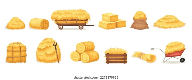 Bales of hay set. Stickers with stacks of dry rolls of hay, hayloft with pitchfork, farm wheelbarrow and cart. Harvesting straw or heaps of wheat. Cartoon flat vector collection isolated on white