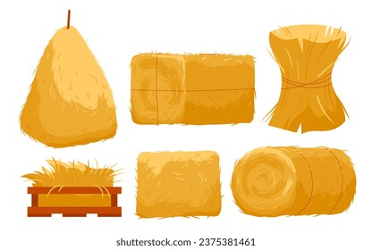 Bales of hay set vector illustration. Cartoon isolated golden haystacks of different shapes, yellow straw pile in bundle and wood crate, round or square roll with rope, farm forage collection