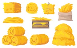 Bales And Stacks Of Hay Vector Illustrations Set. Flat Yellow Haystacks, Round Bales Of Wheat Straw For Feeding Farm Animals Isolated On White Background. Farming, Agriculture, Countryside Concept