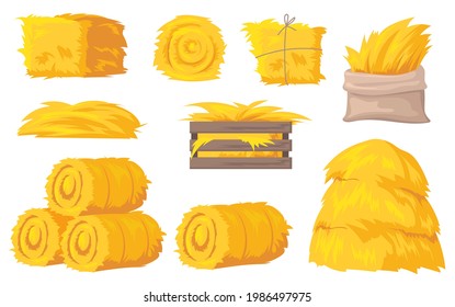 Bales and stacks of hay vector illustrations set. Flat yellow haystacks, round bales of wheat straw for feeding farm animals isolated on white background. Farming, agriculture, countryside concept