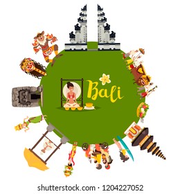 Bali abstract world vector. Illustrated poster with Bali landmark. Cartoon gazebo, Temple, motorcycle and balinese dancer