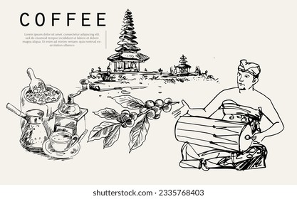 bali arabica coffee of sketch ink drawing for banner, packaging, poster, art print. bali poster coffee. banner coffee. label of coffee packaging