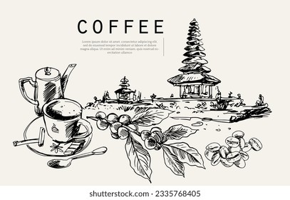 bali arabica coffee of sketch ink drawing for banner, packaging, poster, art print. bali poster coffee. banner coffee. label of coffee packaging
