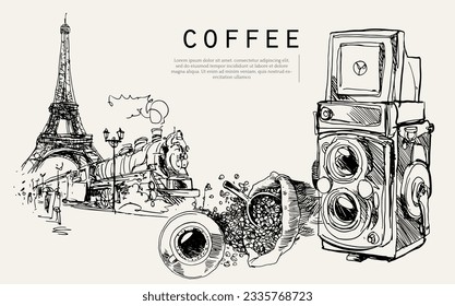 bali arabica coffee of sketch ink drawing for banner, packaging, poster, art print. Paris poster coffee. banner coffee. label of coffee packaging