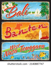 Bali, Banten, and West Nusa Tenggara indonesian travel plates and stickers. Indonesia province retro tin signs, Asian journey vector plate or postcard with seacoast landscape, Great Mosque of Banten