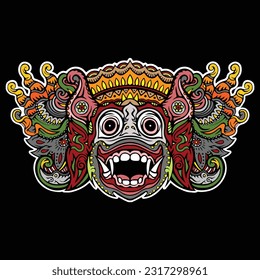 Bali barong mask design isolated in black background for tattoo and tshirt or logo