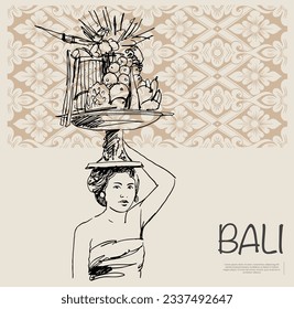 Bali Barong de sketch. Patrón de Bali de dibujo de tinta para la cosecha de afiches, impresión de arte, postal, bienvenidos a Bali.