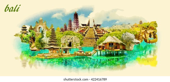 BALI City Panoramic Vector Water Color Illustration  