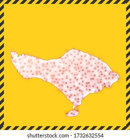 Bali closed - virus danger sign. Lock down island icon. Black striped border around map with virus spread concept. Vector illustration.