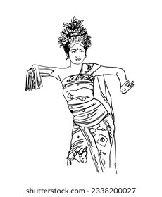 Baile de Bali de dibujo para afiches, impresos de arte, postales, publicidad de promoción de turismo. Bailarina pintora de Bali
