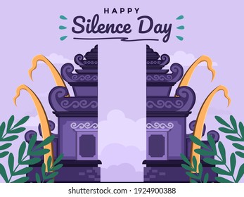 Bali Day Of Silence or Nyepi And Saka New Year Flat Illustration with traditional Hindu temple pura. Selamat hari raya nyepi dan tahun baru saka translate: Happy Day of Silence and Saka New Year