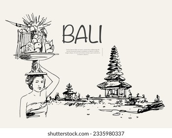 Bali Gebogan of sketch ink drawing. Ubud drawing ink. Bedugul sketch ink drawing. Bali poster art