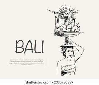 Bali Gebogan of sketch ink drawing. Ubud drawing ink. Bedugul sketch ink drawing. Bali poster art