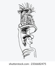 Bali Gebogan Temple of sketch ink drawing for poster, art print, postcard, banner tourism.