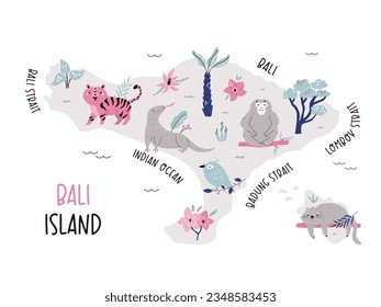 Bali hand drawn map with funny animals. Cartoon illustration of Indonesian island. Travel poster, postcard, banner, design svg