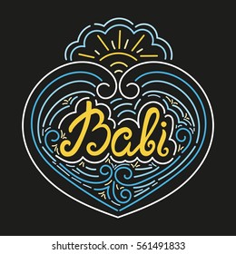 Bali hand drawn typography composition isolated vector with waves and sunset. Unique print for clothing apparel, t-shirt, touristic postcard, souvenir or travel banner.