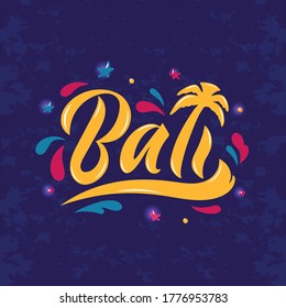 Texto escrito a mano en Bali. Ilustración vectorial colorida. Caligrafía moderna de la tinta de pincel y palmera como la letra L sobre fondo de textura azul oscuro. Grabación manual para postal, logotipo, cartel, impresión