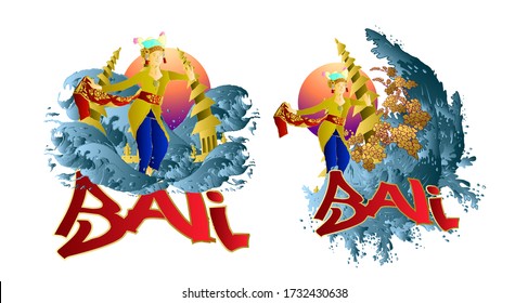bali iconic place and bali dancer character with big wave illustration for sukajan is mean japan traditional cloth or t-shirt Embroidery Men T-shirts Summer Casual Short Sleeve Hip Hop T Shirt