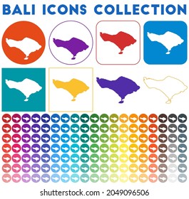 Bali icons collection. Bright colorful trendy map icons. Modern Bali badge with island map. Vector illustration.