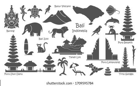 Bali, Indonesia icons set. Attractions, flat design. Tourism in Bali, isolated vector illustration. Traditional symbols