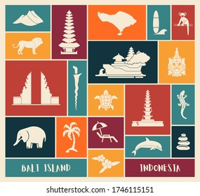 Bali, Indonesia icons set. Attractions, flat design. Tourism in Bali, isolated vector illustration. Traditional symbols